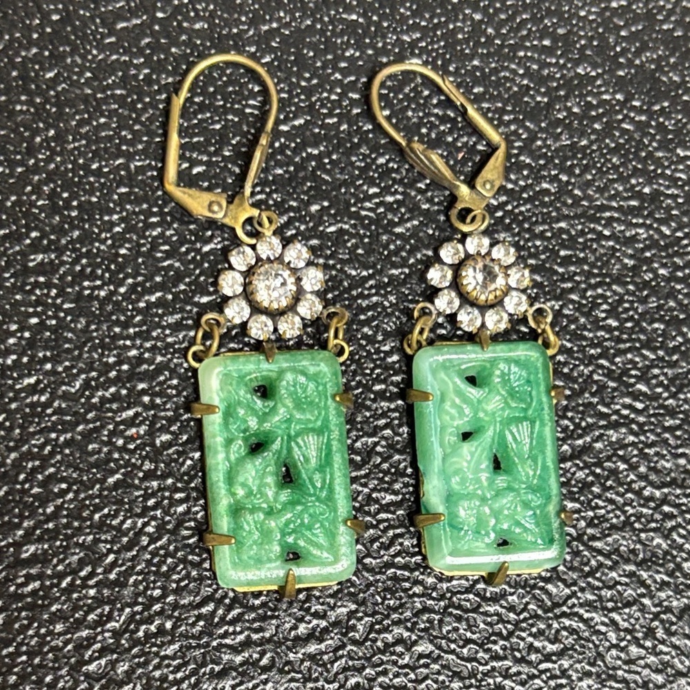 Vintage-Inspired Green and Gold Carved Dangle Earrings